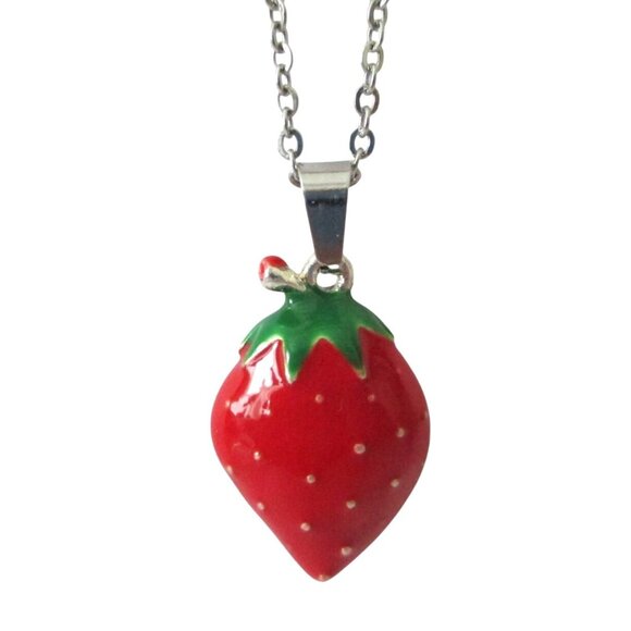 New Strawberry Pendant Necklace on 19" Chain - Red Berry Enamel Jewelry Gift - Picture 2 of 6